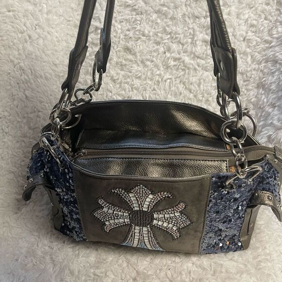 Stylish Blue &Silver Rhinestones cross embroidery & sequins metallic gray Bag - Picture 4 of 16